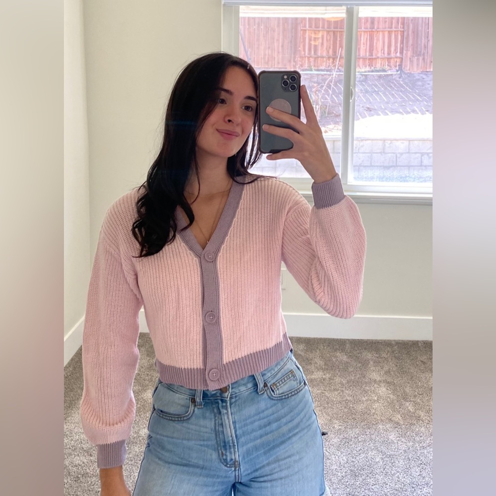 Cropped Knitted Cardigan Pink and Purple